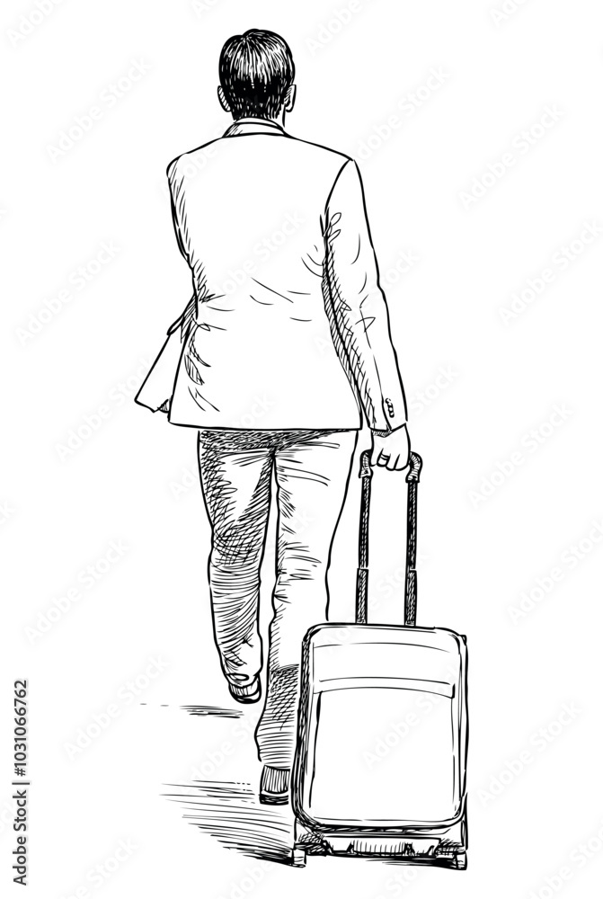 Sketch of casual citizen with suitcase walking away, realistic hand drawing, vector illustration isolated on white Sketch of casual citizen with suitcase walking away, realistic hand drawing, vector illustration isolated on white