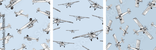 Seamless patterns of sketches retro airplanes in flight, hand drawn backgrounds, wallpaper, paper, vector illustration