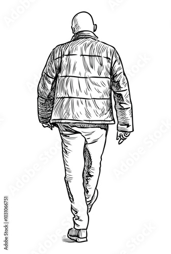 Sketch of casual bald man in jacket walking away, realistic hand drawing, vector illustration isolated on white
