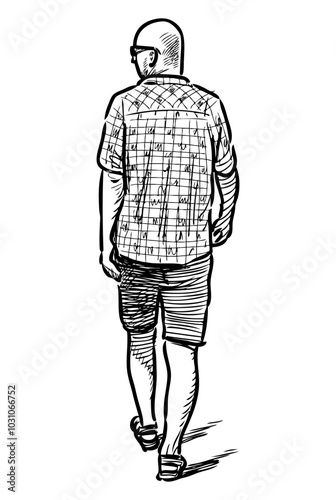 Sketch of casual bald man in eyeglasses walking away outdoors on summer day, realistic hand drawing, vector illustration isolated on white