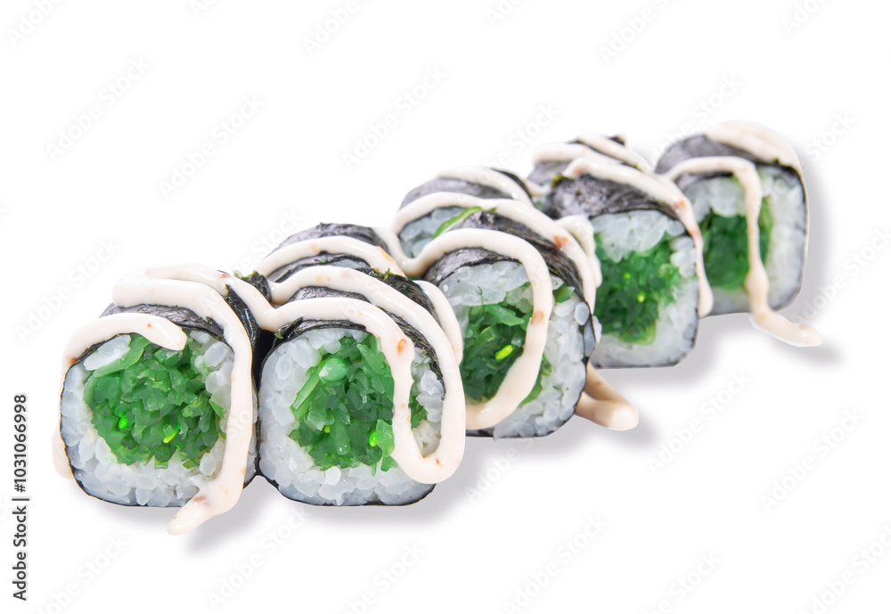 Sushi rolls with chuka seaweed on a white background Sushi rolls with chuka seaweed on a white background