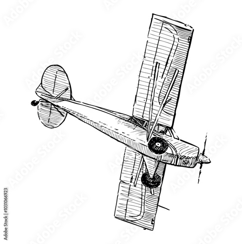 Sketch of retro airplane in flight, realistic hand drawing, vector illustration isolated on white