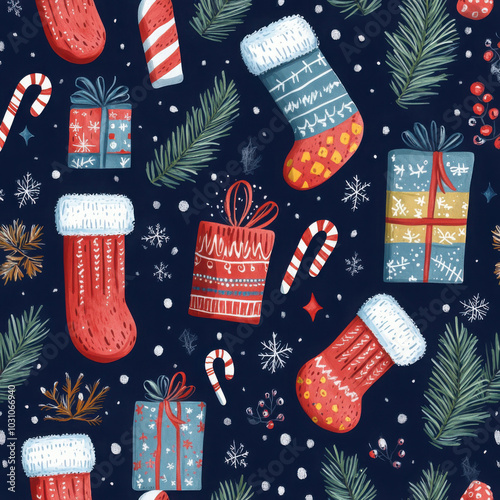 Christmas seamless pattern with cute elements, cozy clothes, candies, pine branches and gift boxes, seasonal winter design
