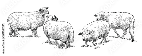 Sketch of sheep herd on pasture, realistic hand drawn, vector illustration, isolated on white