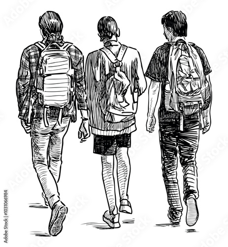 Sketch of three casual teen students with backpacks walking away on summer day, realistic hand drawing, vector illustration isolated on white