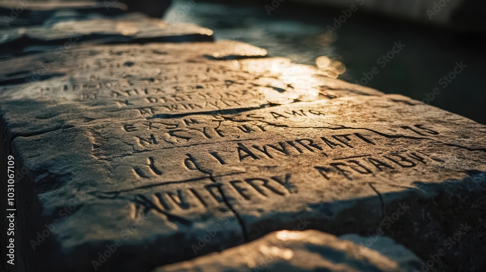 Naklejka premium Latin inscriptions etched into Roman bridge stone worn but visible sunlight highlighting depth