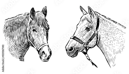 Sketches of two horse heads, realistic hand drawing, vector, isolated on white