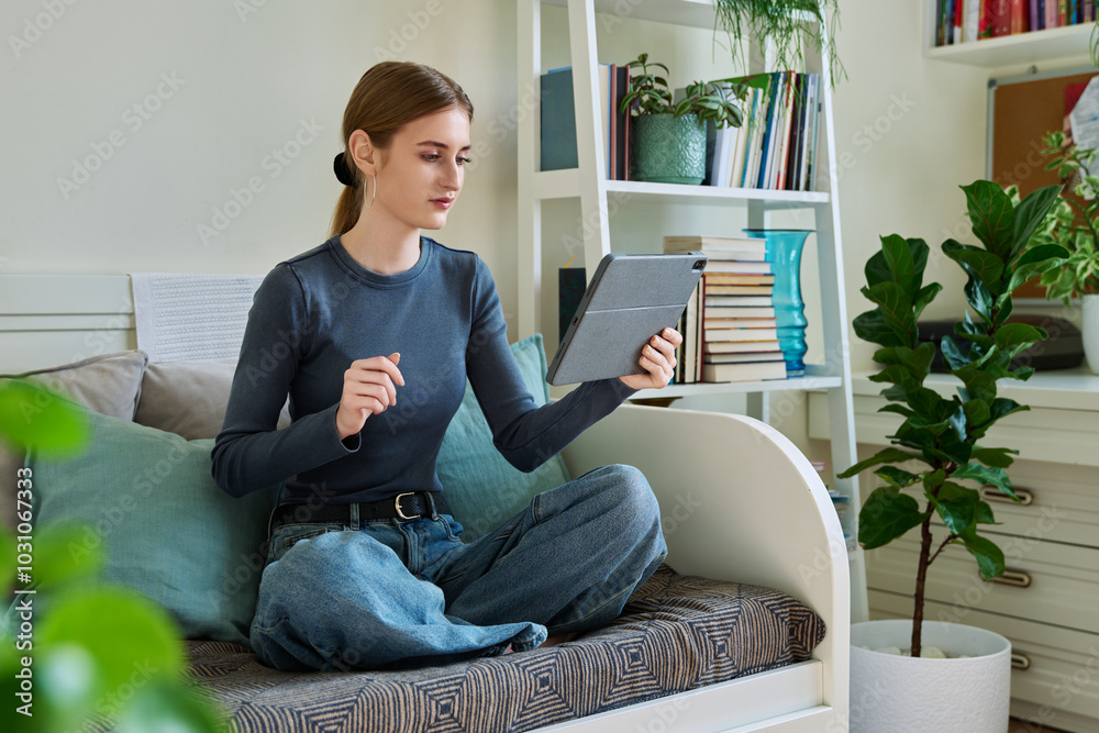 Teenage female student at home looking talking in web camera of digital tablet Teenage female student at home looking talking in web camera of digital tablet