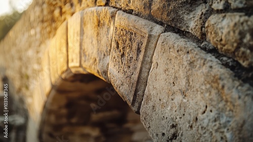 Roman bridge keystone cracks and faint carvings visible weathered edges illuminated by bright sunlight