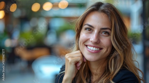 Businesswoman in formal wear, exuding confidence and happiness, smiling to the side in a modern outdoor environment