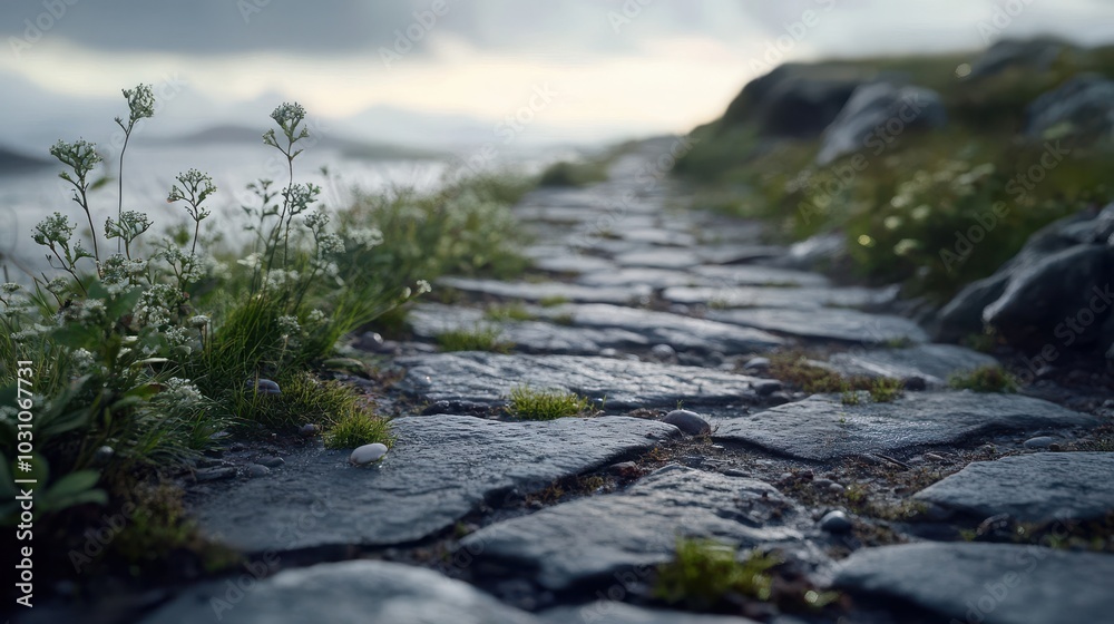 Worn Roman road stones meeting earth plants along edges soft light enhances the contrast between surfaces Worn Roman road stones meeting earth plants along edges soft light enhances the contrast between surfaces