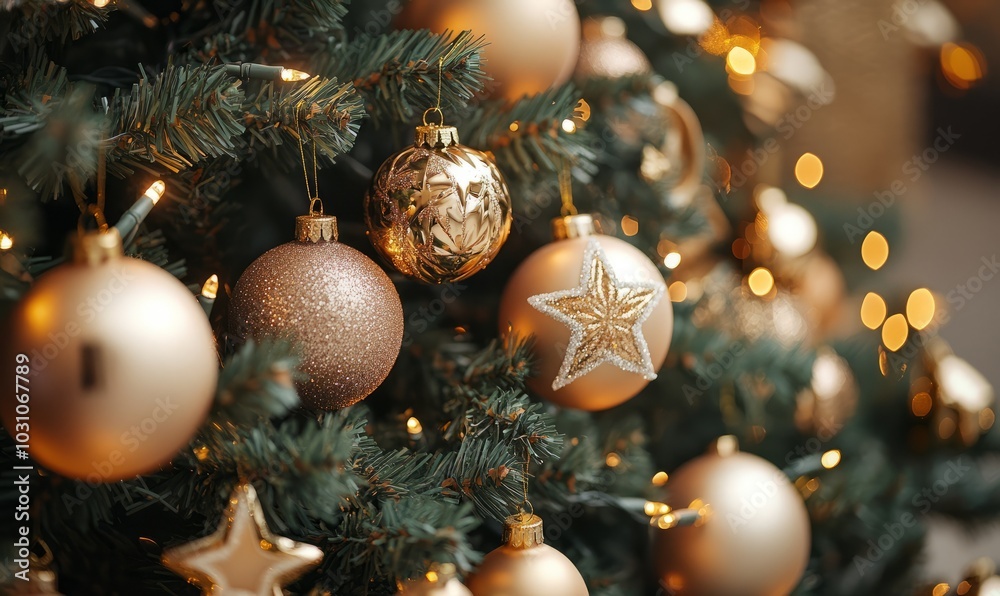 Gold Christmas tree decorations on the Christmas tree close-up.