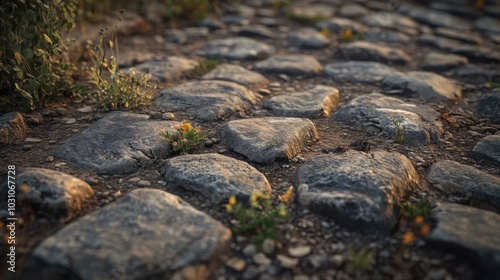 Roman road stones transitioning into natural landscape small plants growing along edges soft light shows contrast