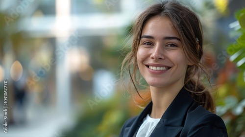 Businesswoman in formal wear, exuding confidence and happiness, smiling to the side in a modern outdoor environment