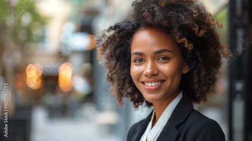 Businesswoman in formal wear, exuding confidence and happiness, smiling to the side in a modern outdoor environment