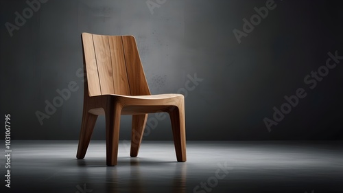 unique designed wooden chair against dark background, large space for copy