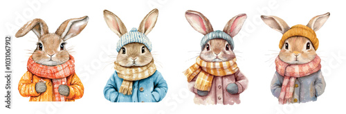 Watercolor rabbits in winter clothes. Cute hares warm hat jacket scarf, funny baby rabbit child hare pet painting hand drawn cold season animals mascot concept vector illustration