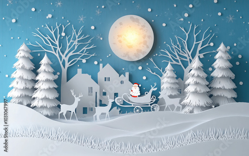 Santa Claus Driving in a Sledge ,winter with homes and snowy paper art . beautiful scenery in the design vector

