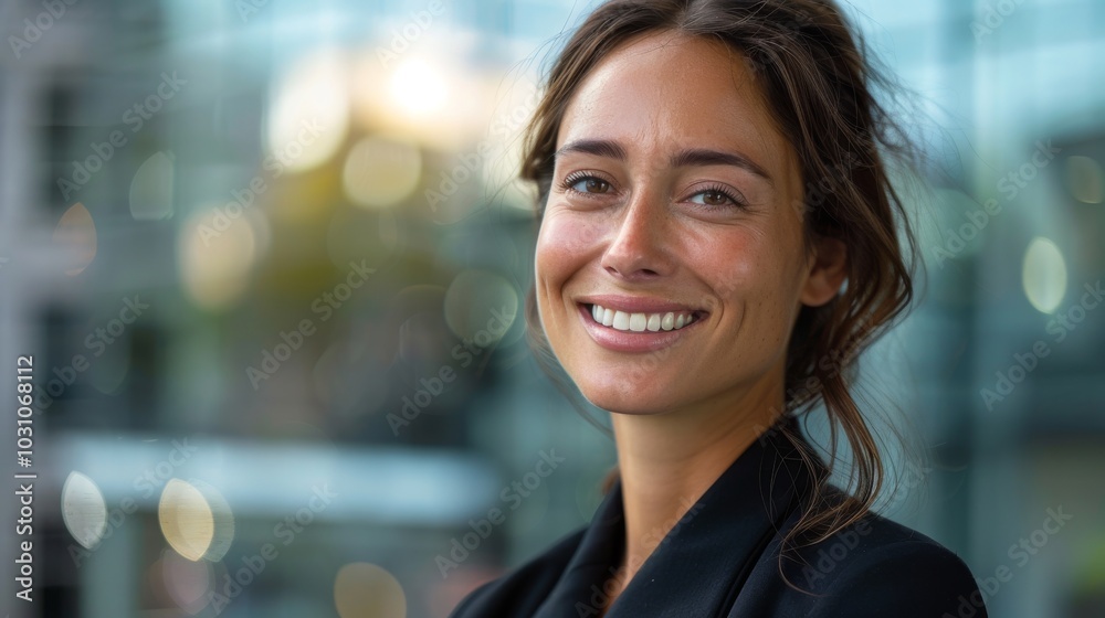 Businesswoman in formal wear, exuding confidence and happiness, smiling to the side in a modern outdoor environment