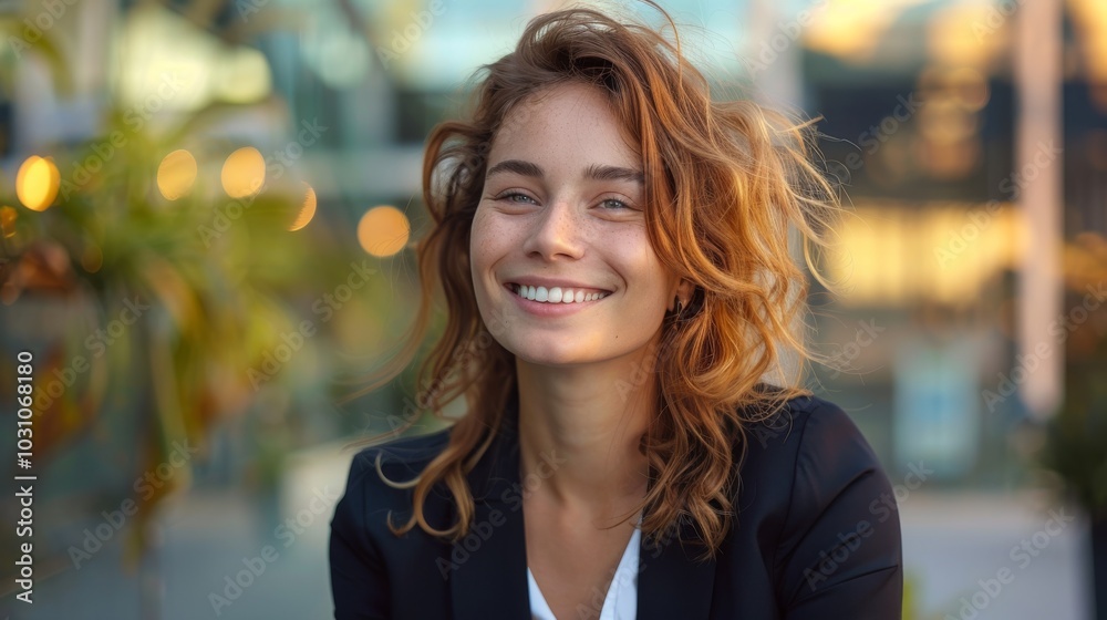 Businesswoman in formal wear, exuding confidence and happiness, smiling to the side in a modern outdoor environment Businesswoman in formal wear, exuding confidence and happiness, smiling to the side in a modern outdoor environment