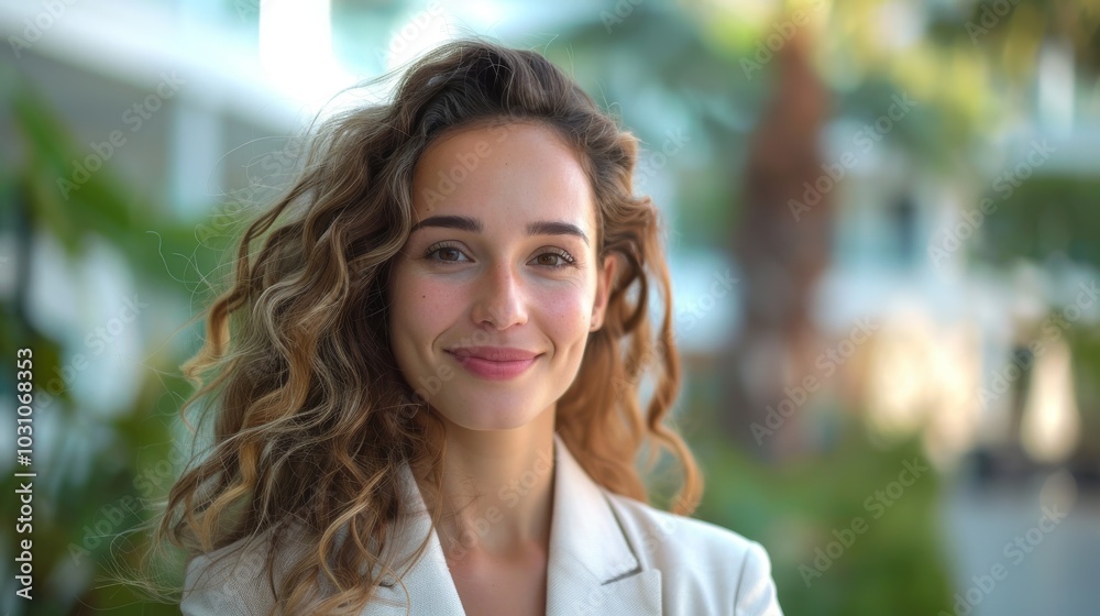 Businesswoman in formal wear, exuding confidence and happiness, smiling to the side in a modern outdoor environment Businesswoman in formal wear, exuding confidence and happiness, smiling to the side in a modern outdoor environment