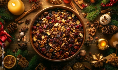 Mixing a bowl of Christmas pudding, with dried fruits, nuts, and spices, surrounded by holiday ingredients