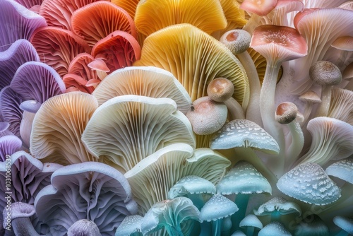 Colorful assortment of mushrooms in various shapes and sizes with delicate textures showcasing nature's beauty in a forest setting