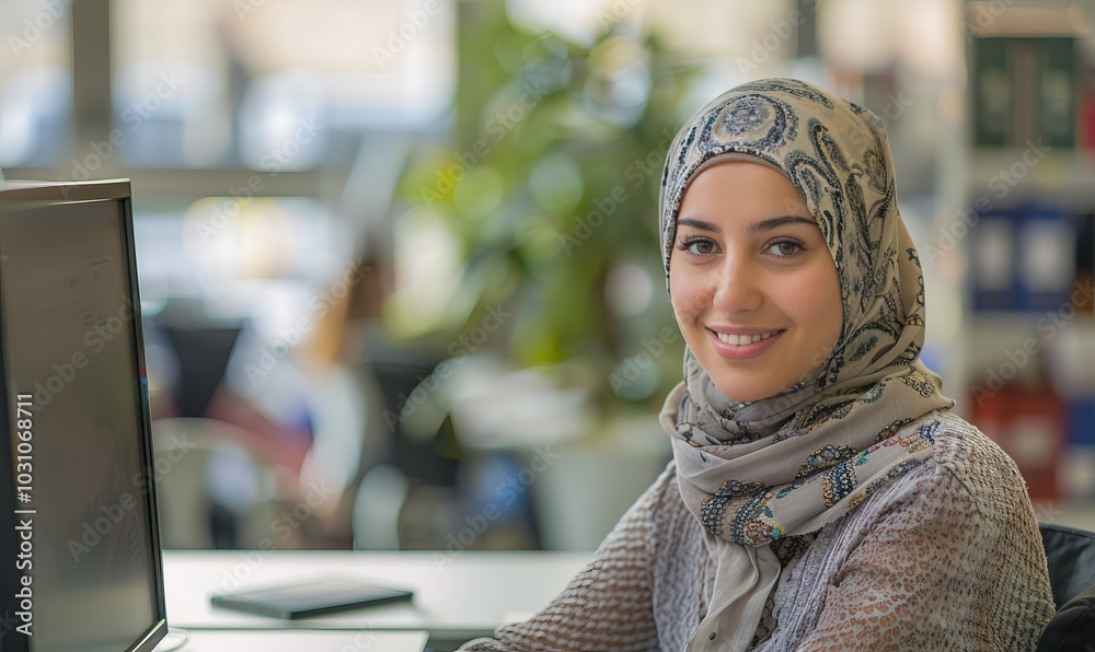 Smiling portrait of a businesswoman of arab descent wearing a hijab working with computer on desk in a startup company in a modern business office Smiling portrait of a businesswoman of arab descent wearing a hijab working with computer on desk in a startup company in a modern business office