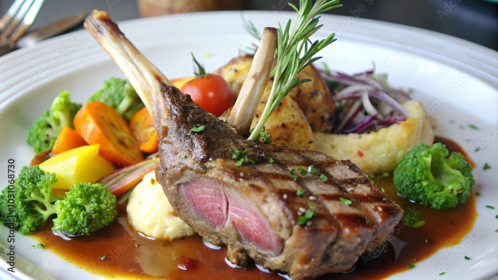 Delicious lamb chops served on a plate with vibrant vegetables and creamy mashed potatoes in a fine dining setting Delicious lamb chops served on a plate with vibrant vegetables and creamy mashed potatoes in a fine dining setting