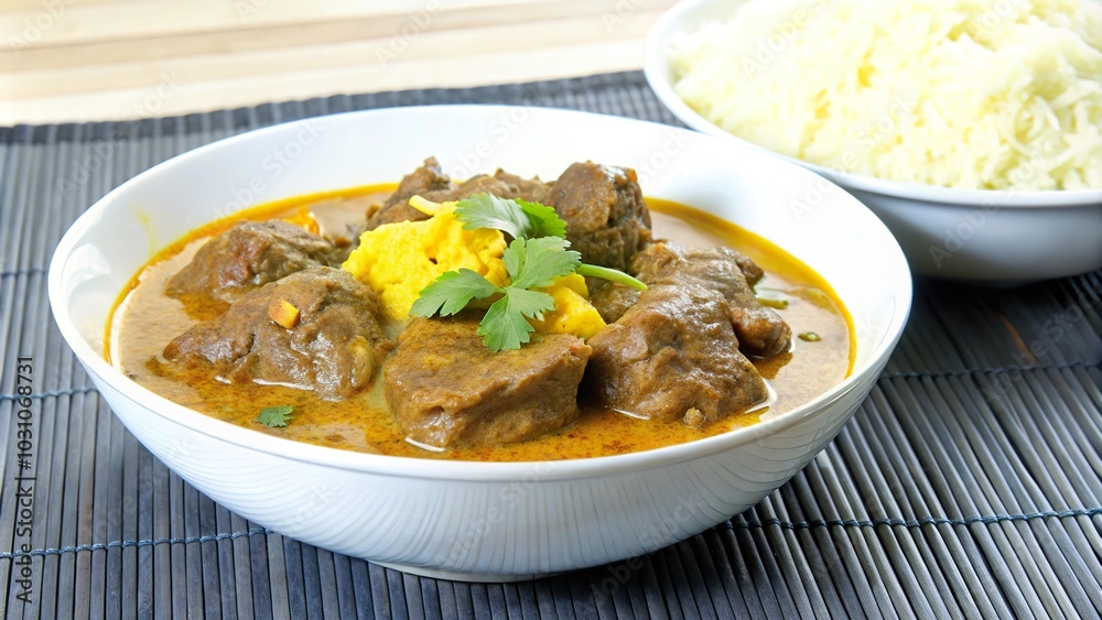 Delicious lamb curry served with aromatic basmati rice in a cozy kitchen setting Delicious lamb curry served with aromatic basmati rice in a cozy kitchen setting