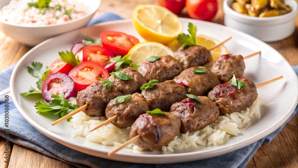 Delicious lamb kofta skewers served on rice with fresh vegetables and lemon at a family gathering Delicious lamb kofta skewers served on rice with fresh vegetables and lemon at a family gathering