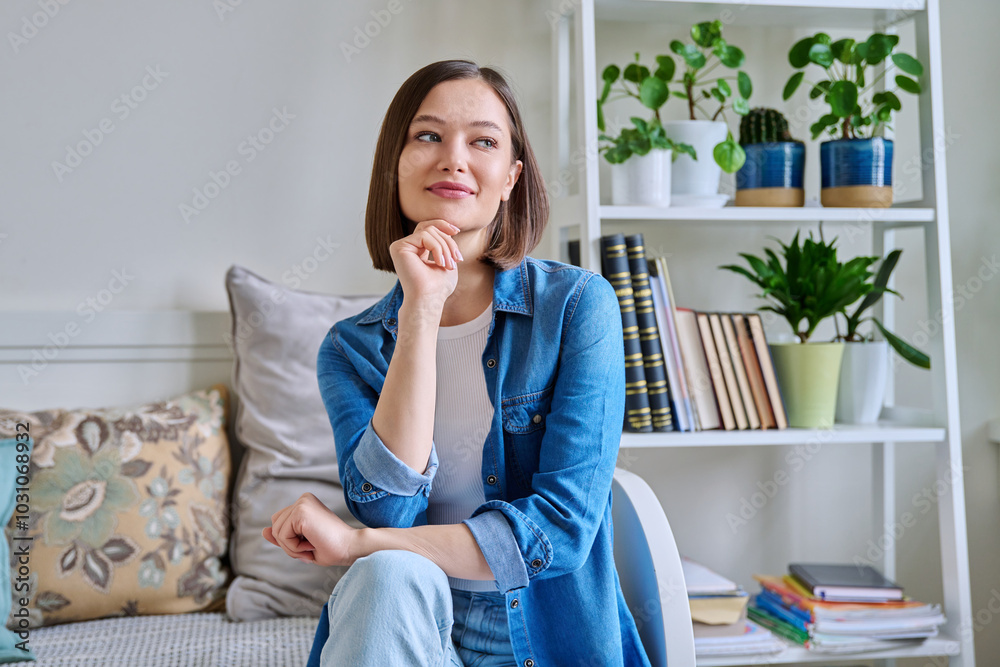 Portrait of young smiling woman in home interior Portrait of young smiling woman in home interior