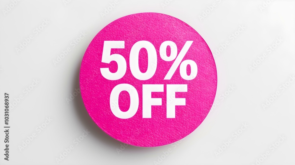 White '50% OFF' Text on a Magenta Round Paper Note. White Background with Copy Space White '50% OFF' Text on a Magenta Round Paper Note. White Background with Copy Space