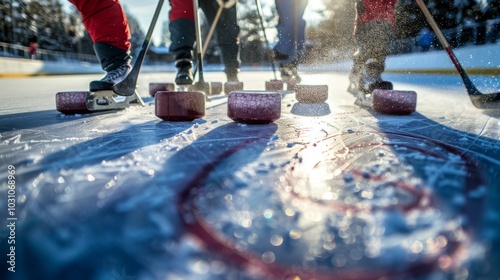 Curling team strategizing, intense focus and concentration photo