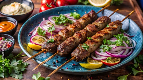 Delicious lamb seekh kebabs served on a vibrant platter with fresh vegetables and sauces at an outdoor dining setting