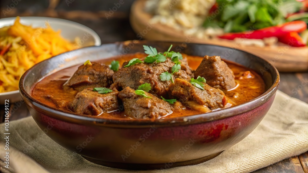 Savory lamb vindaloo served in a bowl with fresh herbs and vibrant side dishes on a rustic wooden table Savory lamb vindaloo served in a bowl with fresh herbs and vibrant side dishes on a rustic wooden table