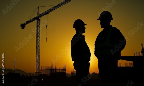 Two construction workers, silhouetted by the setting sun, stand at a construction site with equipment and cranes visible in the background, emphasizing the work environment