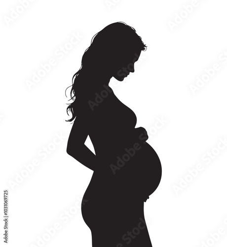 Silhouette of a pregnant girl, representing an expectant mother hugging her belly. Vector illustration isolated on a white background, ideal for maternity and motherhood-themed designs.