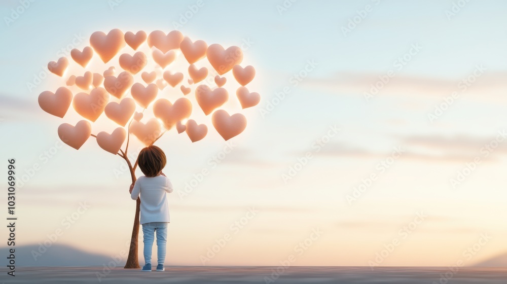 A child gazes at a tree with heart-shaped leaves under a serene sky, AI A child gazes at a tree with heart-shaped leaves under a serene sky, AI