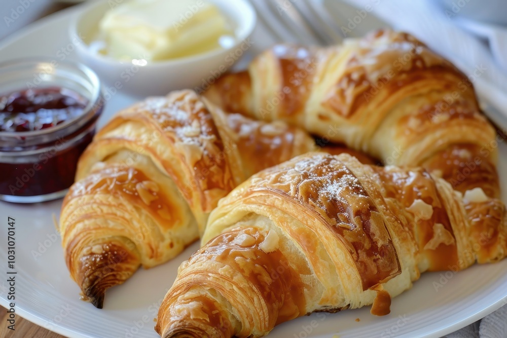 Golden-brown croissants arranged on a decorative plate in a cozy kitchen, accompanied by butter and jam, showcasing a delightful breakfast spread Golden-brown croissants arranged on a decorative plate in a cozy kitchen, accompanied by butter and jam, showcasing a delightful breakfast spread