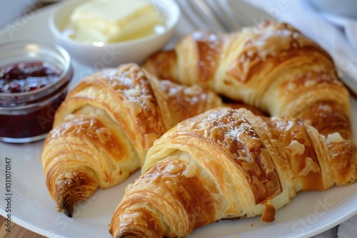 Golden-brown croissants arranged on a decorative plate in a cozy kitchen, accompanied by butter and jam, showcasing a delightful breakfast spread