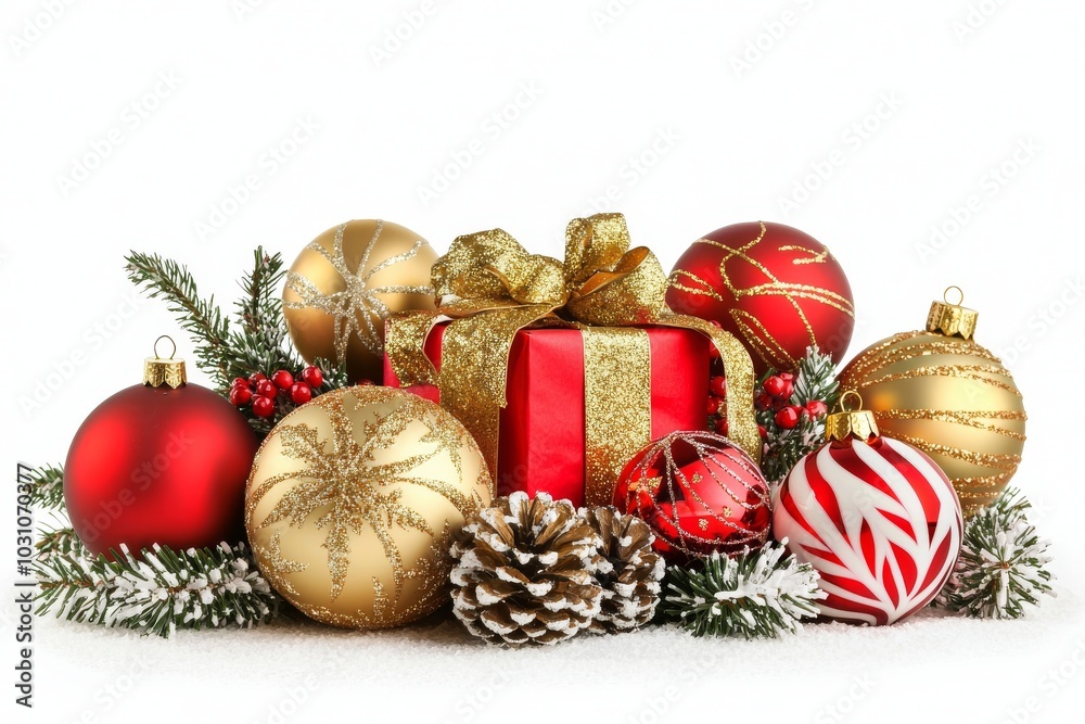 Presents wrapped in gold and red on a white or clear surface with a transparent background.