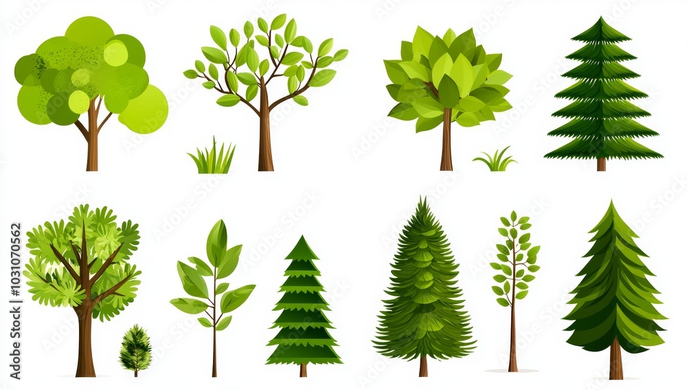 Fototapeta premium Tree icons in a modern flat style. Modern silhouette of tree on white background. Architecture and Landscape Design: Modern Illustration of Green.