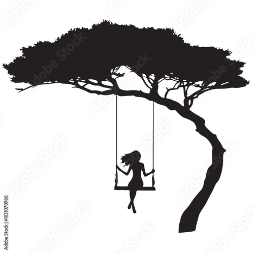 Woman on swing Dakhla, Western Sahara Desert, North Africa vector silhouette on a white background 10 eps