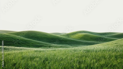 Expansive green field, isolated on white, with soft rolling hills. A serene and peaceful landscape