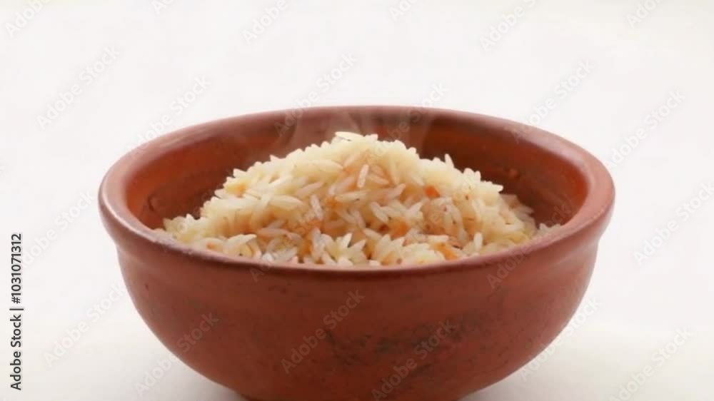 Steaming Soft Rice in Rustic Terracotta Bowl on White Background – Perfectly Separated Grains 4K Ultra HD Loop: Steaming Soft Rice in Rustic Terracotta Bowl on White Background – Perfectly Separated Grains 4K Ultra HD Loop: