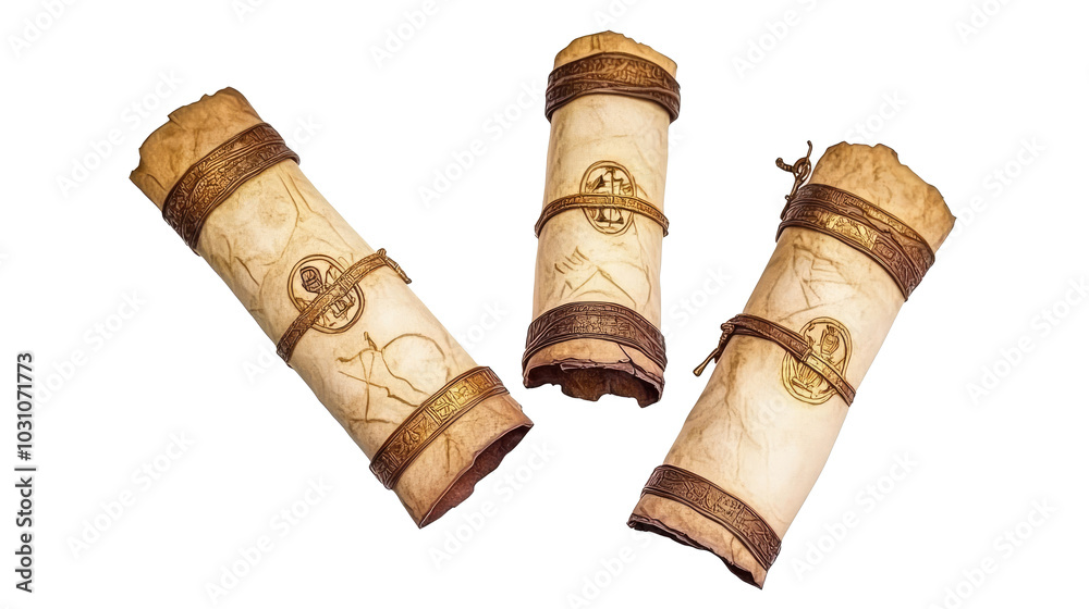 Ancient Parchment Scrolls Displayed Together on a White Background Generative AI Ancient Parchment Scrolls Displayed Together on a White Background Generative AI