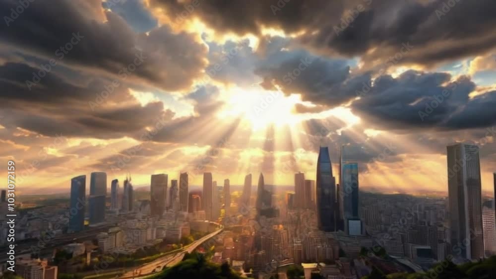 Anime Cityscape Animation: Clouds with Sunlight Rays in Ultra HD 4K - Frame-by-Frame Looping Background Anime Cityscape Animation: Clouds with Sunlight Rays in Ultra HD 4K - Frame-by-Frame Looping Background