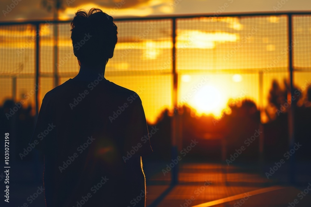 A person standing silhouetted against a vibrant sunset while observing the horizon at an outdoor sports court during the golden hour A person standing silhouetted against a vibrant sunset while observing the horizon at an outdoor sports court during the golden hour