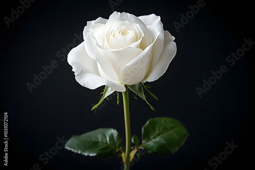 A single white rose, with its petals unfurling, stands out against a dark background, symbolizing purity and elegance.